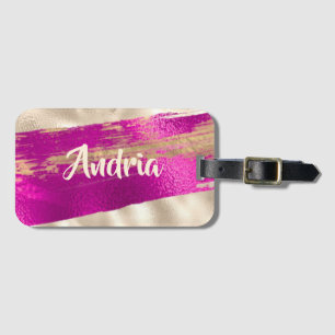 DIY Namn Brush Text Fuchsia Platinum Faux Metallic Bagagebricka