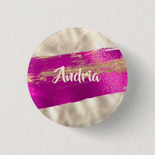 DIY Namn Brush Text Fuchsia Platinum Faux Metallic Knapp (Framsida)
