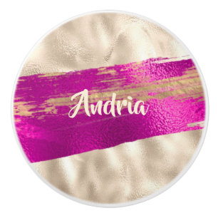 DIY Namn Brush Text Fuchsia Platinum Faux Metallic Knopp
