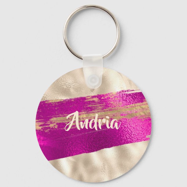 DIY Namn Brush Text Fuchsia Platinum Faux Metallic Nyckelring (Framsida)