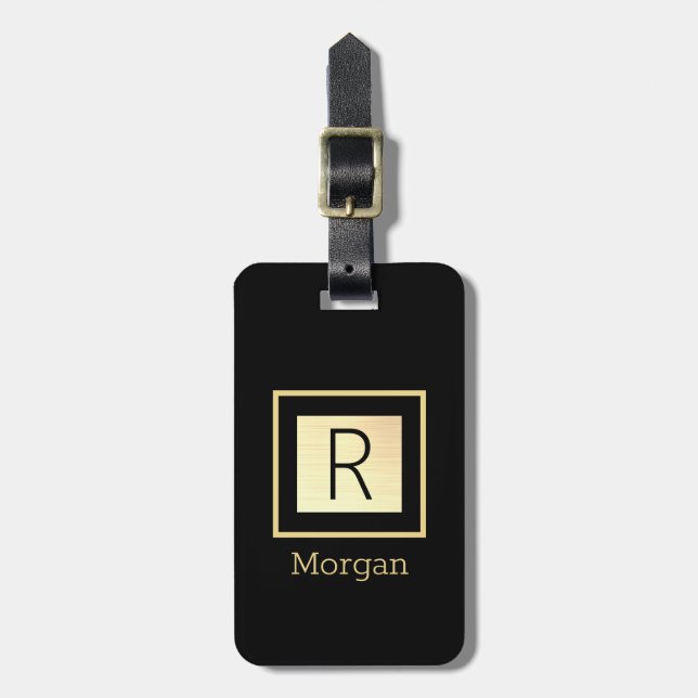 DIY Namn & Monogram, Black & Guld Box, Black Bagagebricka (Vertikal Framsida)