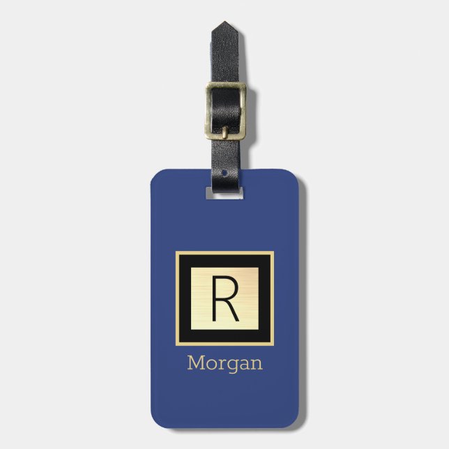 DIY Namn & Monogram, Black & Guld Box, Deep Blue Bagagebricka (Vertikal Framsida)