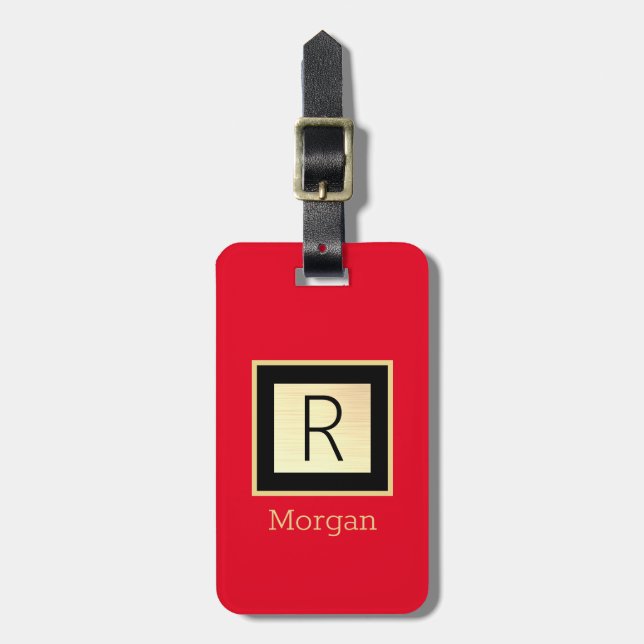 DIY Namn & Monogram, Black & Guld Box, Red Bagagebricka (Vertikal Framsida)