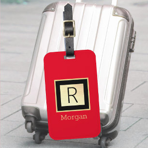 DIY Namn & Monogram, Black & Guld Box, Red Bagagebricka