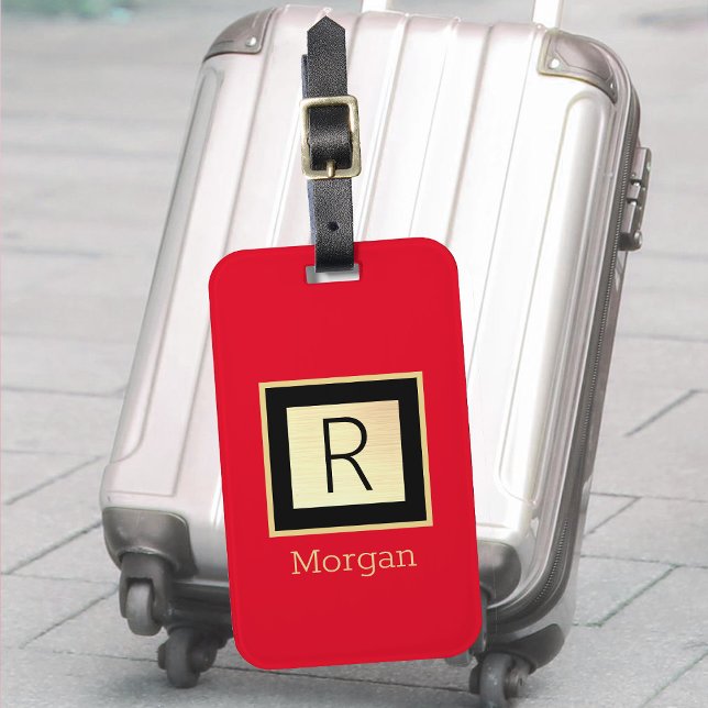 DIY Namn & Monogram, Black & Guld Box, Red Bagagebricka (Skapare uppladdad)