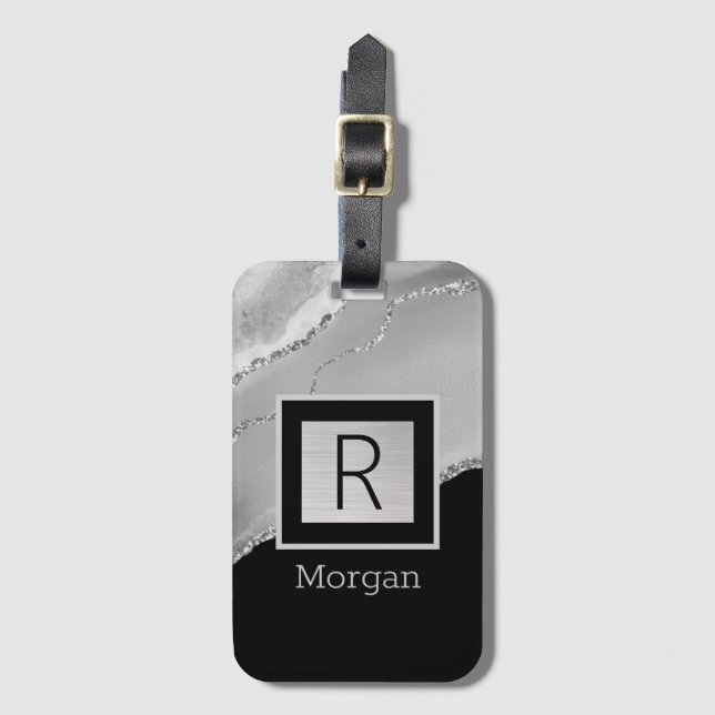 DIY Namn & Monogram, Black & Silver Box och Agate Bagagebricka (Framsida vertikal)