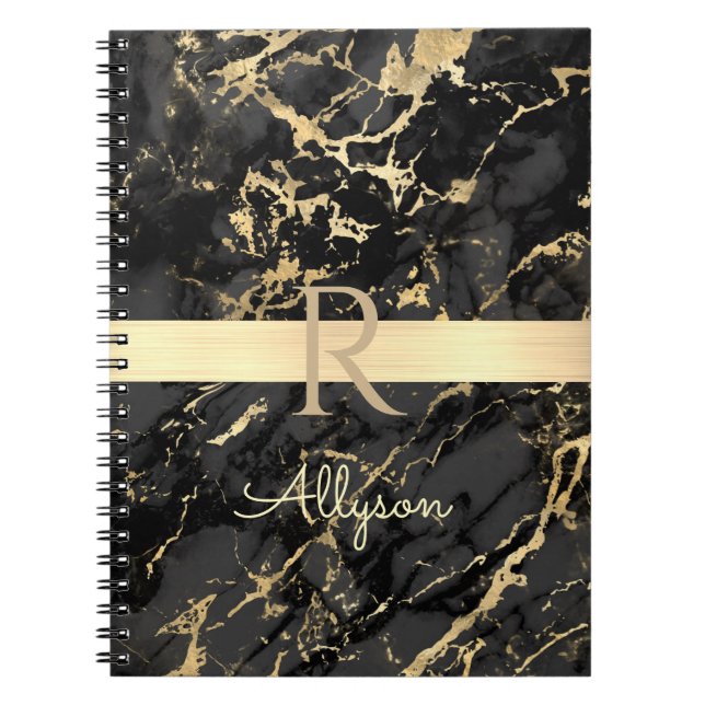 DIY Namn & Monogram, Guld Pub, Black & Guld Marble Anteckningsbok (Framsidan)