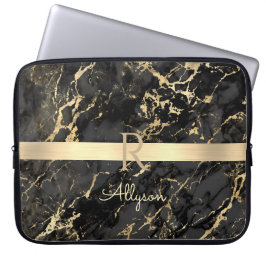 DIY Namn & Monogram, Guld Pub, Black & Guld Marble Laptop Fodral