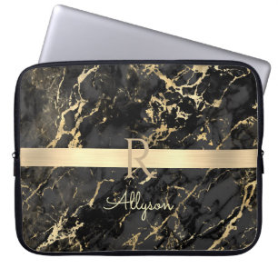 DIY Namn & Monogram, Guld Pub, Black & Guld Marble Laptop Fodral