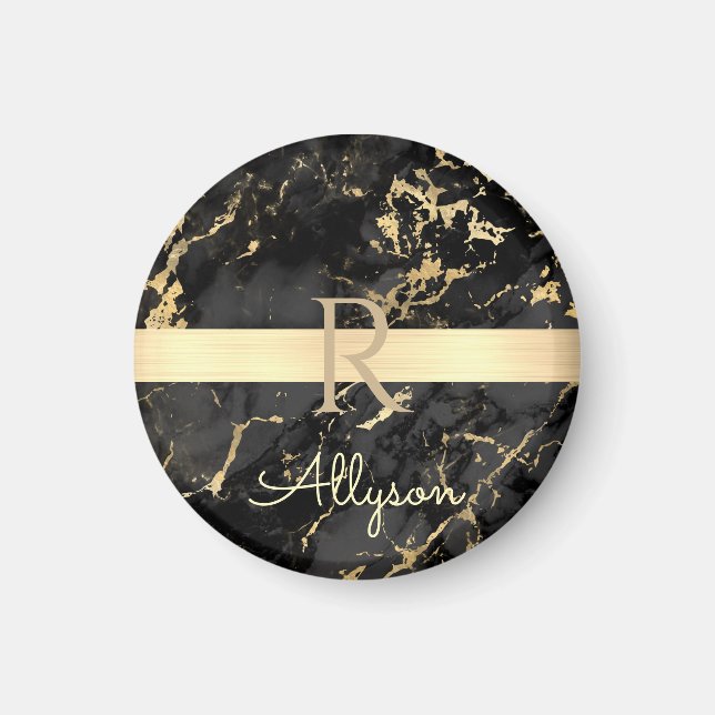 DIY Namn & Monogram, Guld Pub, Black & Guld Marble Magnet (Framsidan)