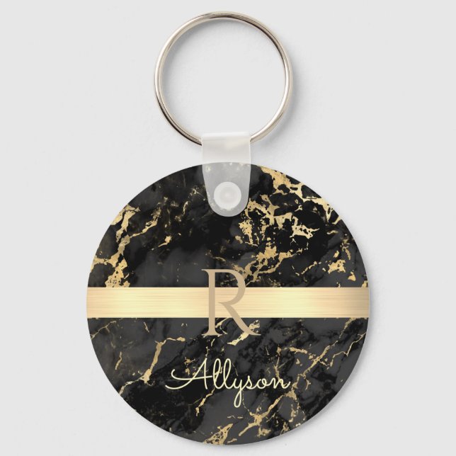 DIY Namn & Monogram, Guld Pub, Black & Guld Marble Nyckelring (Framsida)
