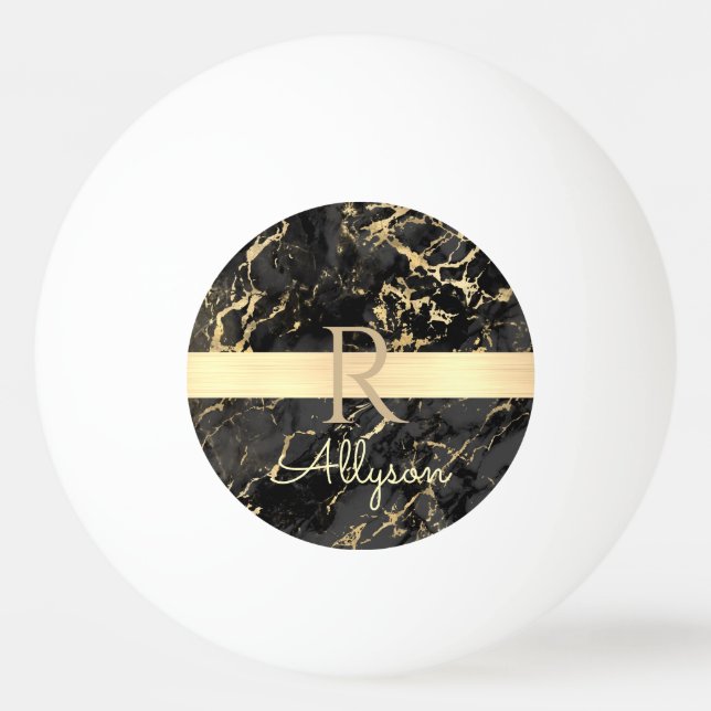 DIY Namn & Monogram, Guld Pub, Black & Guld Marble Pingisboll (Framsidan)