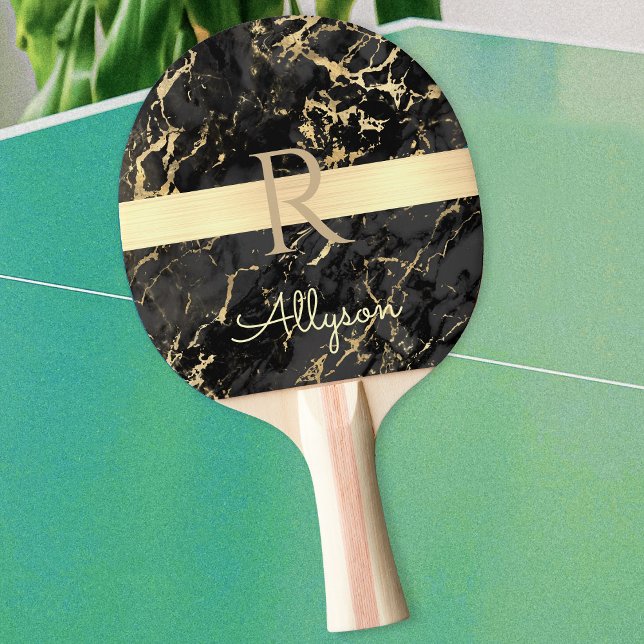DIY Namn & Monogram, Guld Pub, Black & Guld Marble Pingisracket (Skapare uppladdad)