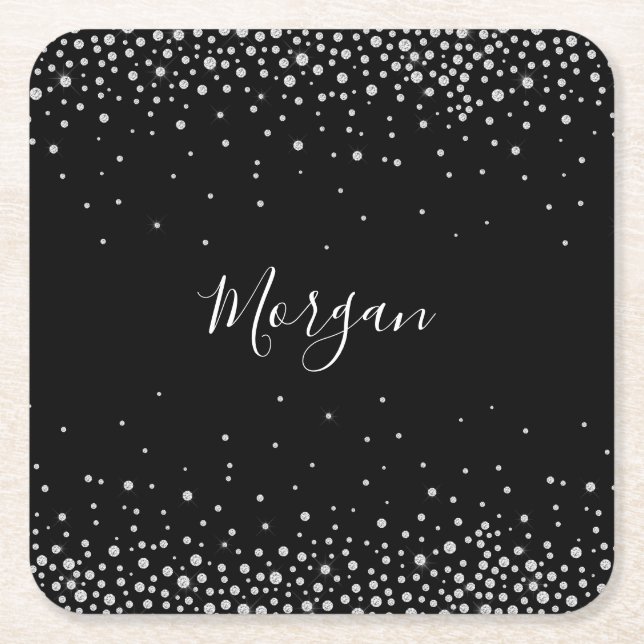 DIY Namn White Script & White Diamonds, Black Vs 2 Underlägg Papper Kvadrat (Framsidan)