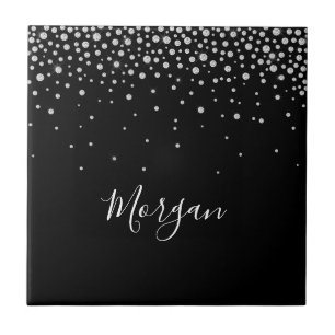 DIY Namn White Script & White Diamonds, svart Kakelplatta