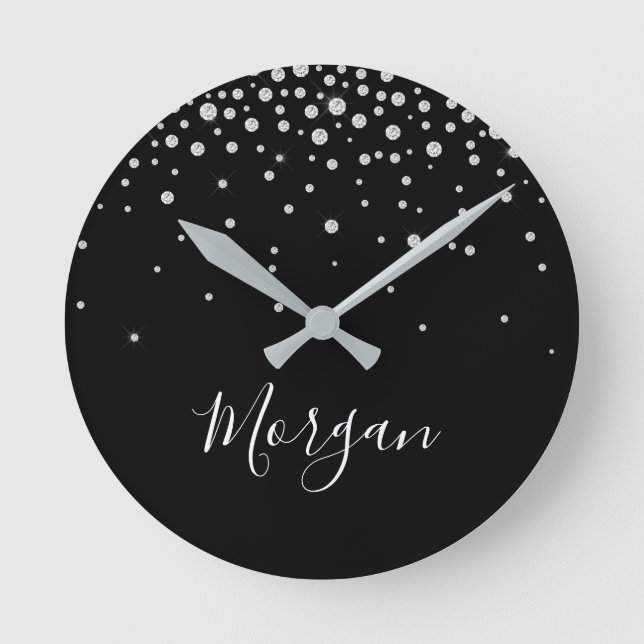 DIY Namn White Script & White Diamonds, svart Rund Klocka (Framsida)