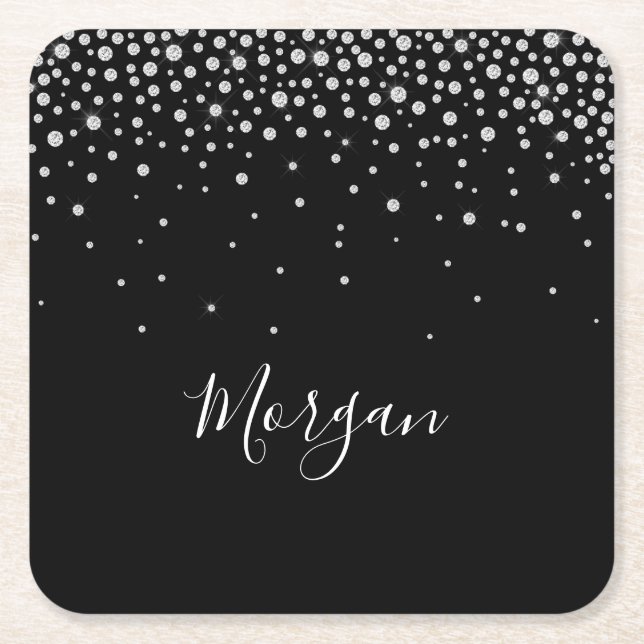 DIY Namn White Script & White Diamonds, svart Underlägg Papper Kvadrat (Framsidan)