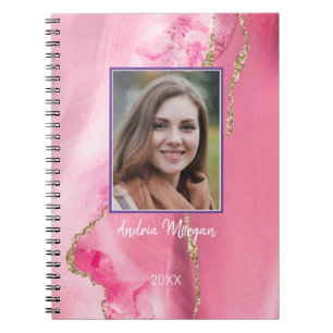 DIY Photo/Namn/Year/Rosa & Guld Agate Anteckningsbok
