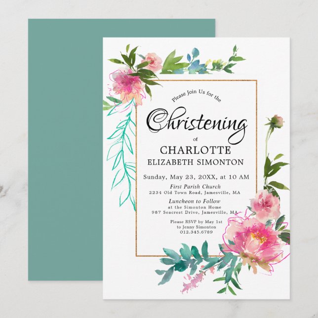 DIY Rosa Blommigt Watercolor Christening-inbjudnin Inbjudningar (Fram/baksida)