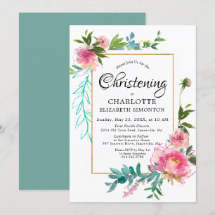 DIY Rosa Blommigt Watercolor Christening-inbjudnin Inbjudningar