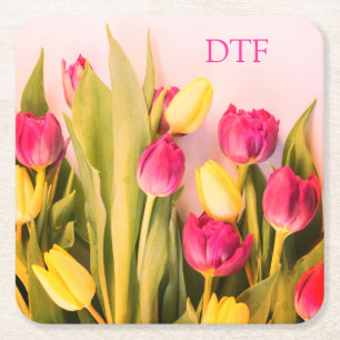 DIY Rosa Monogram/Namn, Rosa & Gult Tulips Underlägg Papper Kvadrat