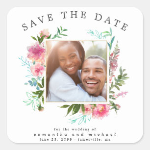 DIY Save the Date Photo Rosa Blommigt Kuvert Seal Fyrkantigt Klistermärke