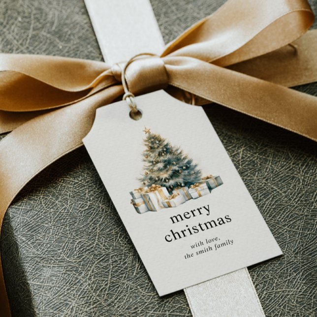 DIY WATERCOLOR JULGRAN HELGDAG GIFT MÄRKRE VISITKORT (ELEGANT WATERCOLOR CHRISTMAS TREE WITH PRESENTS GOLD WHITE GREEN DIY CHEAP FAMILY NAME CUSTOM )