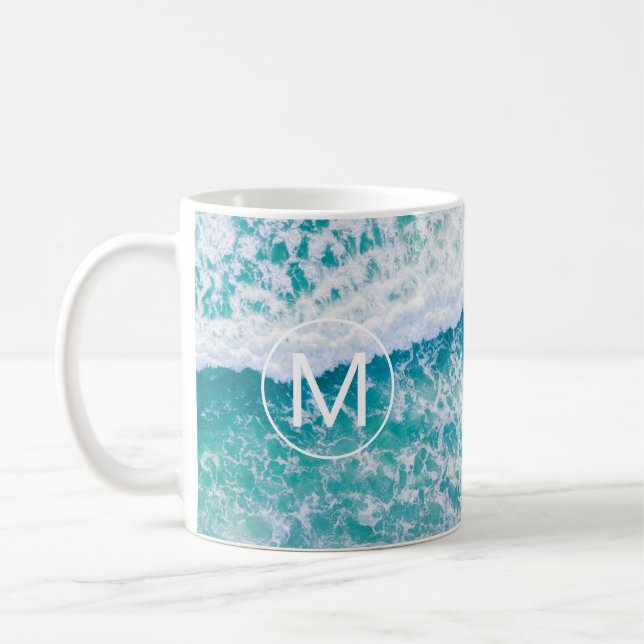 DIY White Monogram in Circle, Beach Waves Kaffemugg (Vänster)