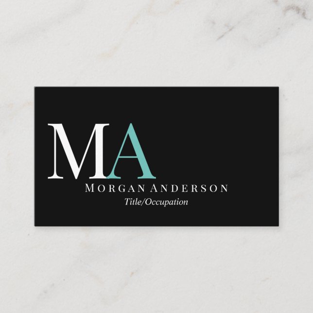 DIY White & Teal Monogram Namn, Black/Silver Visitkort (Framsida)