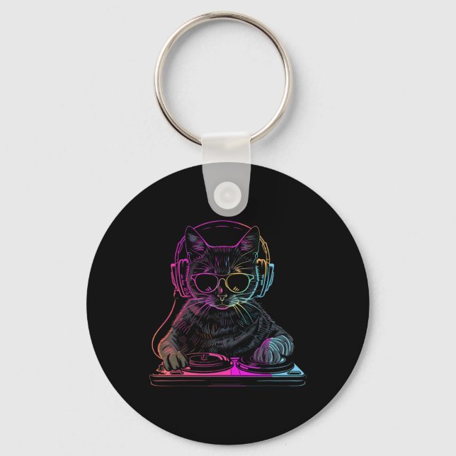 Dj Cat Edm Techno House Music Funny Cat Lover Nyckelring (Framsida)