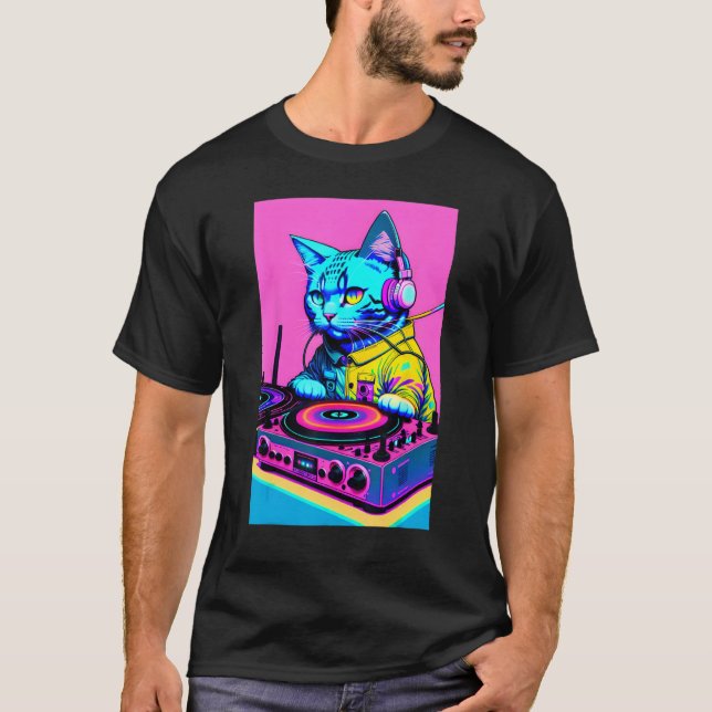 DJ Cat Headphones Turntable DJ Mixer Dreamwave Sty T Shirt (Framsida)