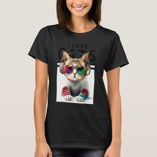 DJ Cat med Coola Stil Sunglasses Headphone Music T Shirt (Framsida)