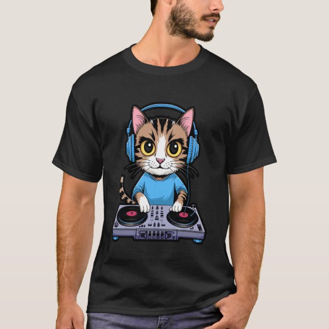 DJ Cat Rainbow T-Shirt House Music Kitty Tee (Framsida)