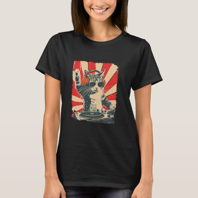 DJ Cat Retro - Cool Disco Kitty Spinnande Vinyl DJ T Shirt (Framsida)