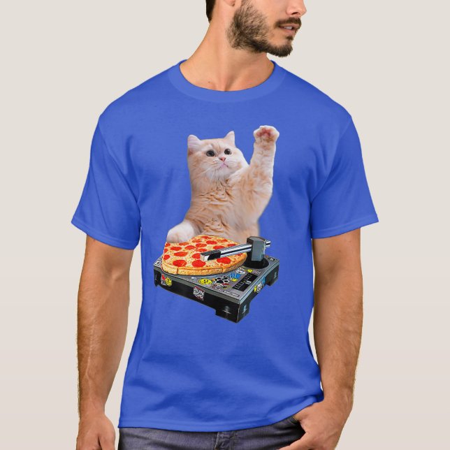 DJ Cat Shirt Cat DJ Pizza EDM Music Cute White T Shirt (Framsida)