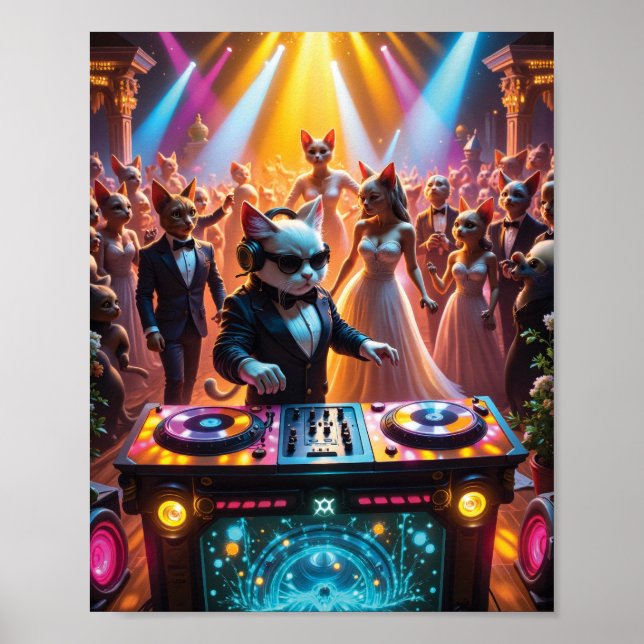 DJ Cat vid ett glamoröst Kattdjur Ballroom Party Poster (Framsidan)