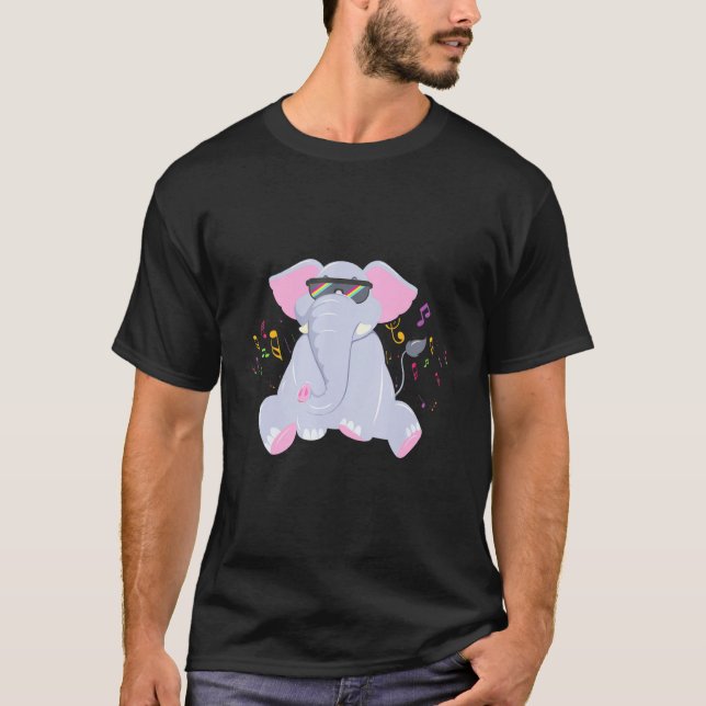 Dj Elephant Animal Musik noter Disco T Shirt (Framsida)