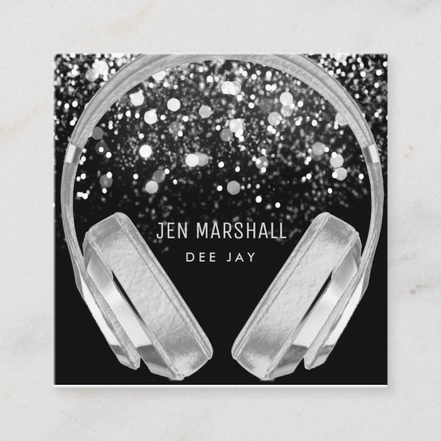 DJ faux silver folie, effekthörlurar Fyrkantigt Visitkort (Framsida)