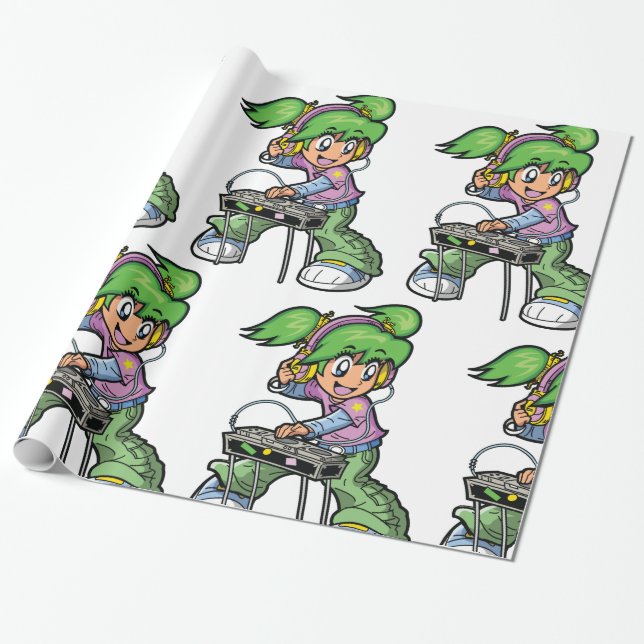 DJ Girl med Grönt Hair och hörlurar Presentpapper (Utrullad)