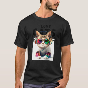 DJ Katt med Cool Style Solglasögon Hörlurar Musik T Shirt