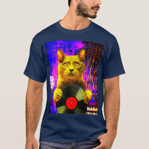Dj-katt på syntetisator i vinyljournalen i rymden t shirt