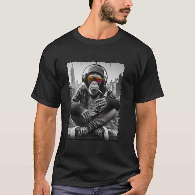 DJ Monkey med hörlurar Djurutskrift T S Shirt (Framsida)