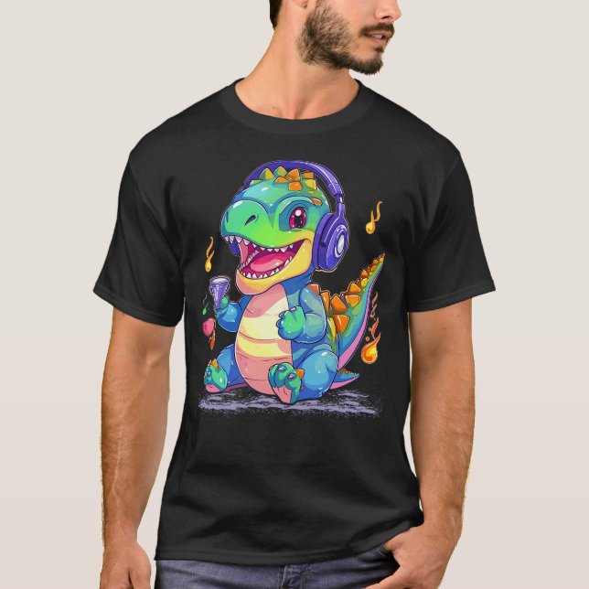 DJ Music Dino Headphones Cool Music Producer T-Rex T Shirt (Framsida)