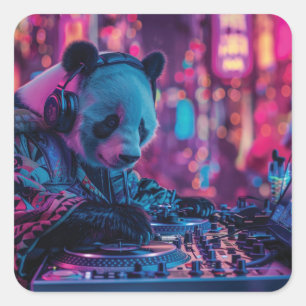 DJ Panda med hörlurar Fyrkantigt Klistermärke