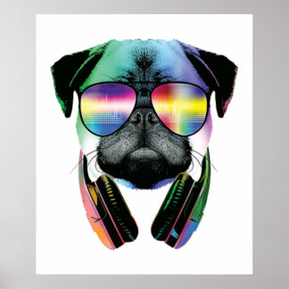 Dj Pug med solglasögon och hörlurar musik Poster