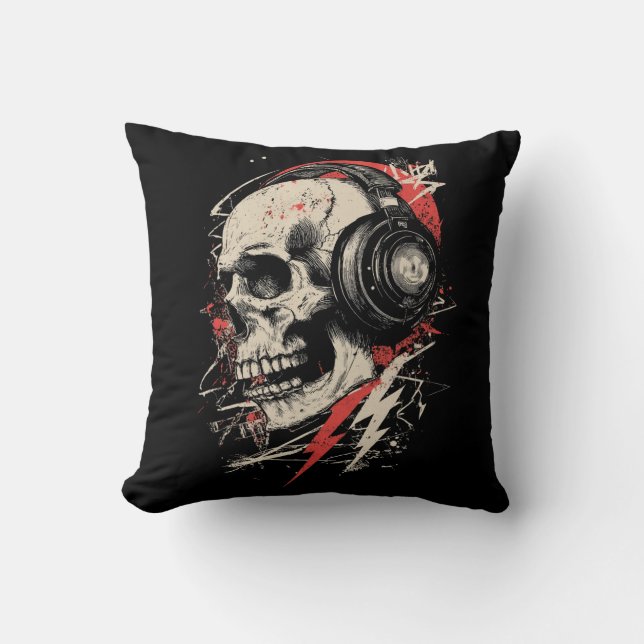 DJ Skull Hörlurar Blixt Musik Elektronisk Fått Kudde (Framsida)