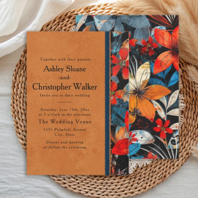 Djärka apelsinfärgade tealröda blommor inbjudningar (Bold, vibrant orange, teal, red flowers boho-style wedding invitation)