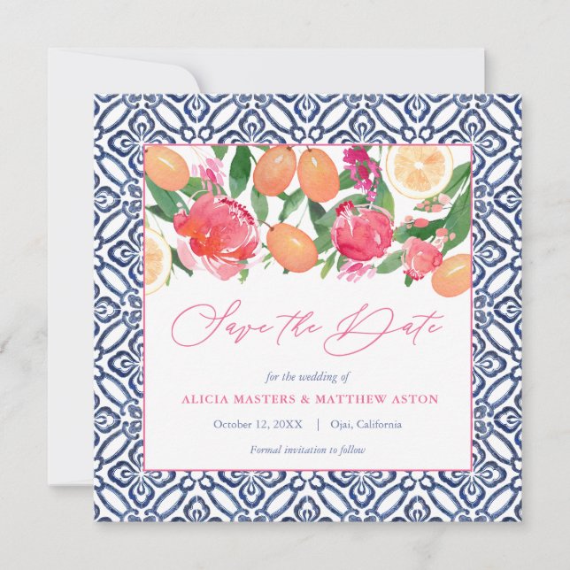 Djärka rosa blommor med citrus och spanska kakelpl spara datumet (Framsida)