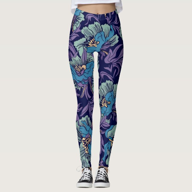 Djärkt Blått & Turkost Botaniskt Tryck Blommönster Leggings (Framsida)