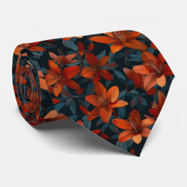 Djärkt Orange Lilja Blommönster på Mörkt Slips